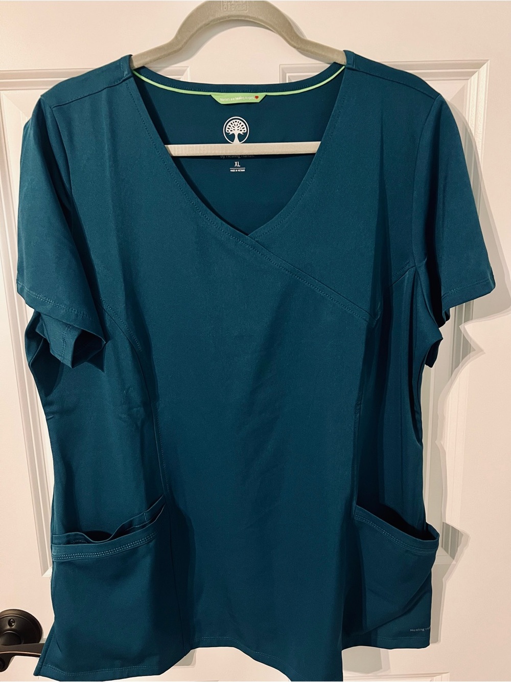 Teal healing hands Teal V-Neck Scrub Top with Front Pockets
